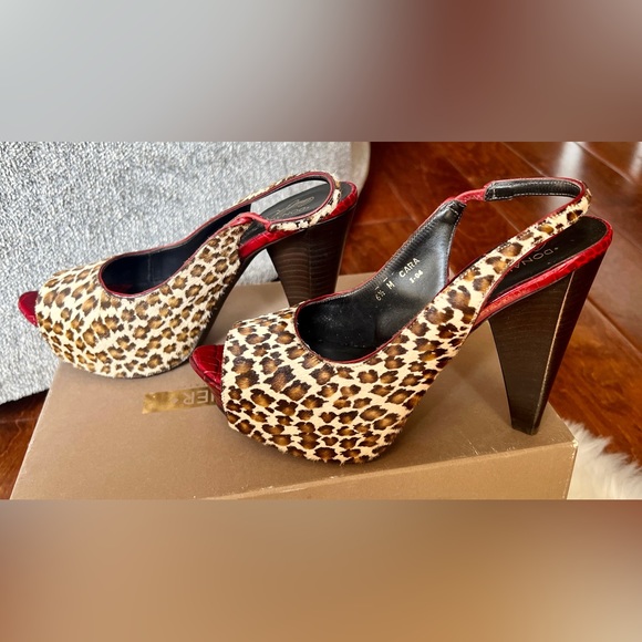 Donald J. Pliner cheetah print open toe stilettos heels with red trim size 6.5 - Picture 5 of 9